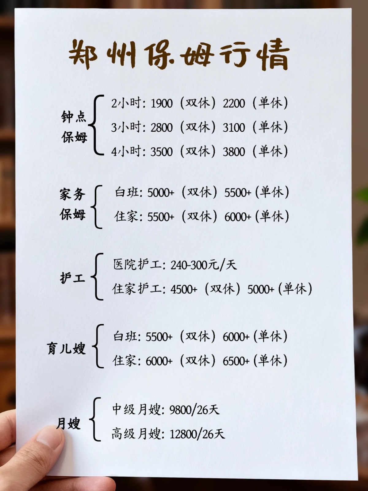 2026年郑州保姆行情