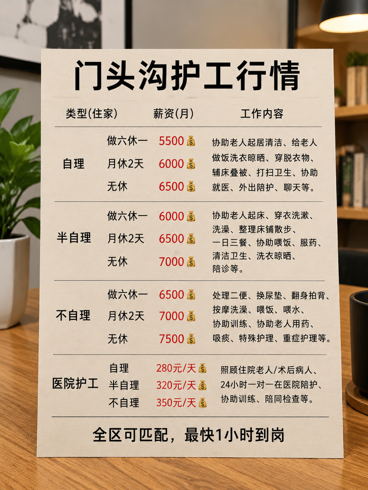 门头沟护工保姆价目表，照顾老人病人看护