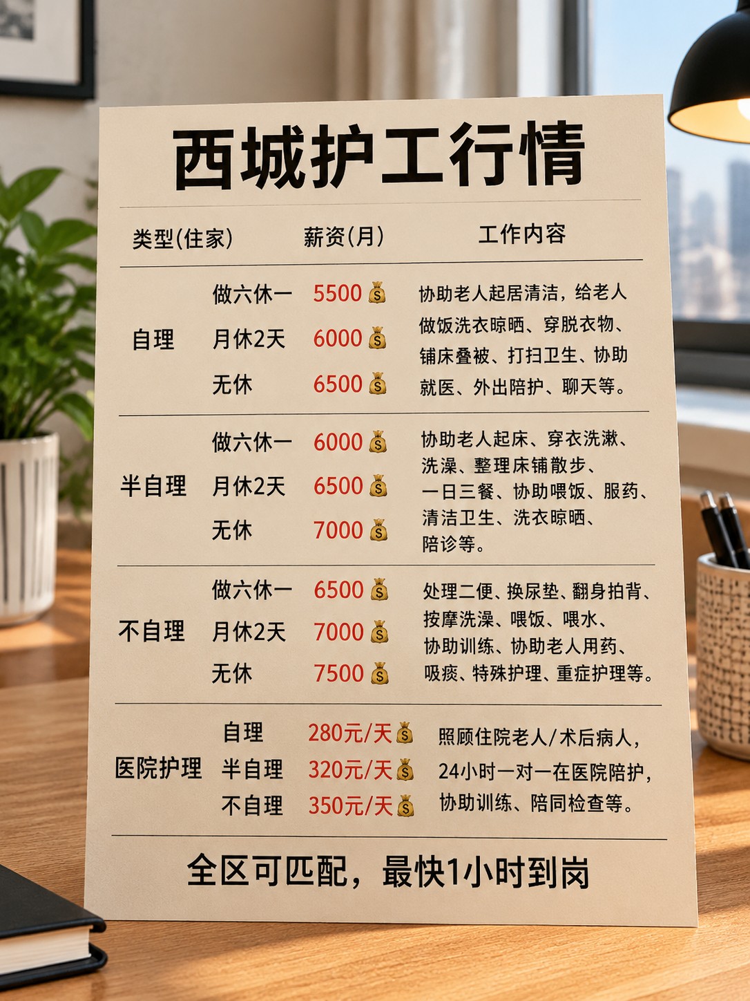 西城护工保姆价目表，照顾老人病人看护