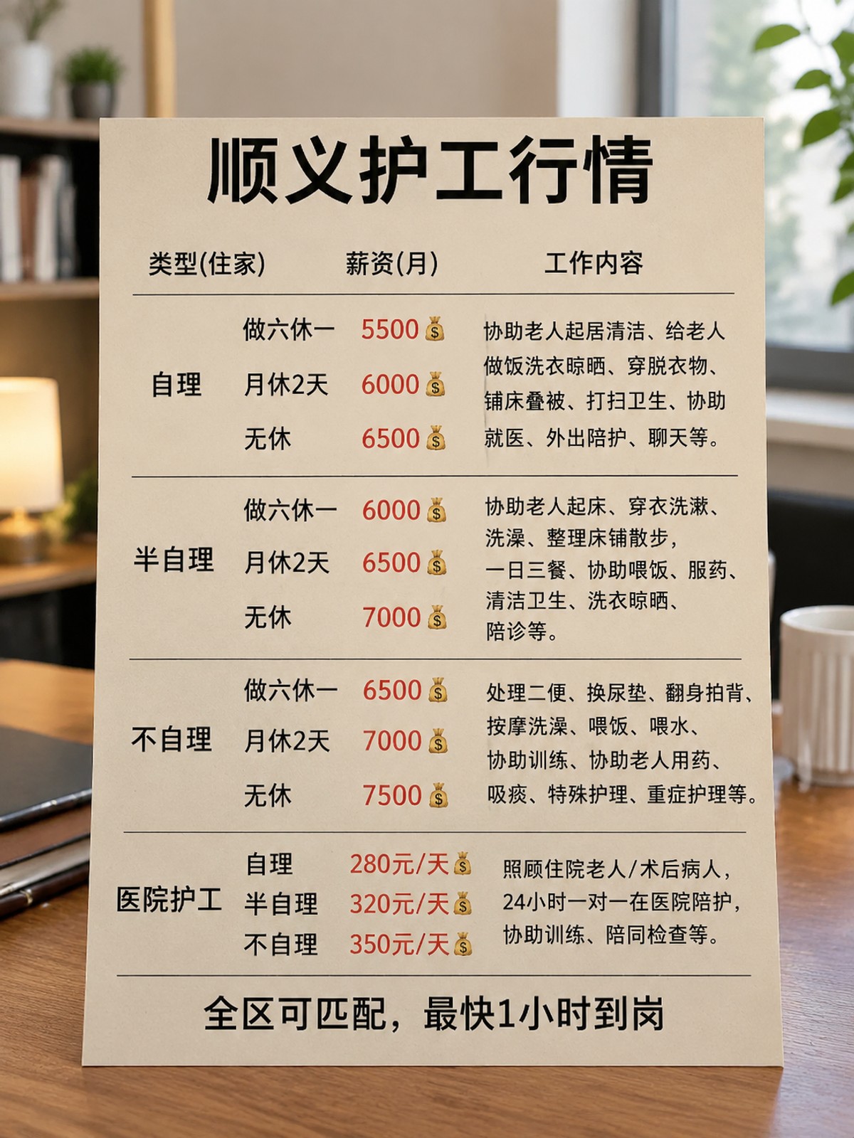 顺义护工保姆价目表，照顾老人病人看护
