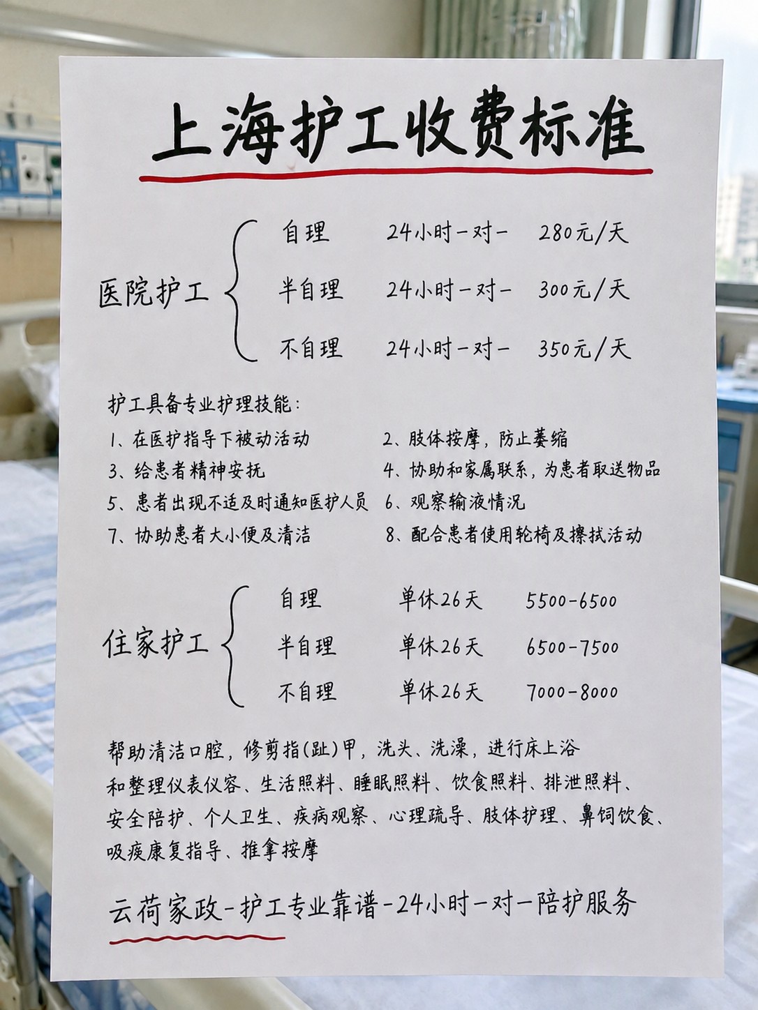 上海医院护工收费标准