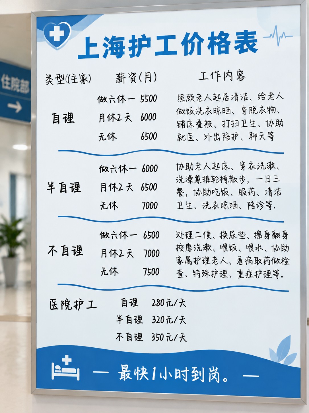 上海护工价格一览表，最快1小时到岗
